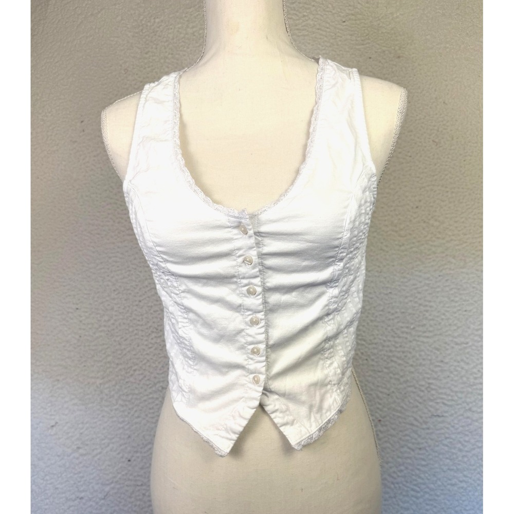 American‎ Eagle Camisole Tank Top Womens Small White Button Front Ruffle Hem